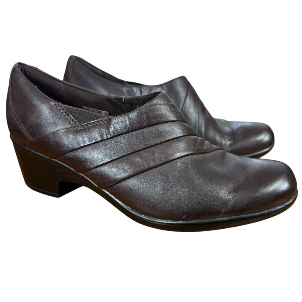 Clarks Genette Port Womens Brown Leather Clogs Comfort Shoes Chunky Heel sz 9.5
